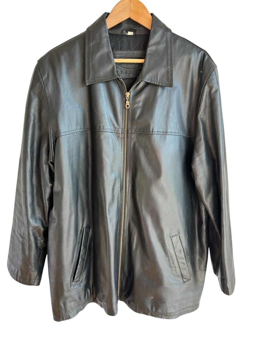 Classic Black Leather Jacket Mens 3XL Full Zip Fall Coat Rugged Outdoor Biker